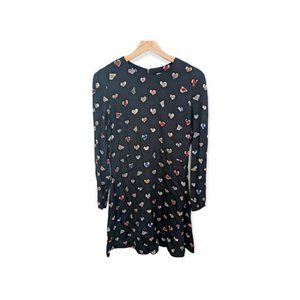 & Other Stories Size 10 A Line Mini Dress Heart Bird Cat Print Black Long Sleeve